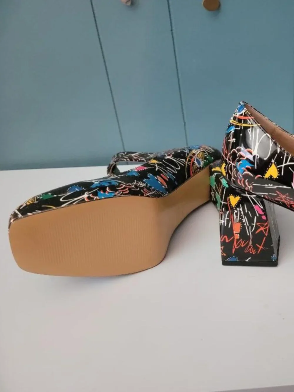Brand New Graffiti black patent platform heels size 9.5
